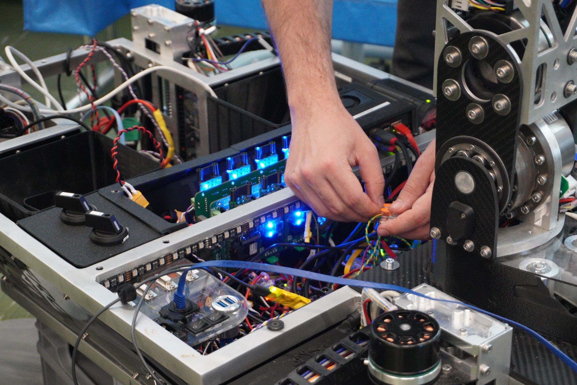 The rover being prepared for its next task: wiring and testing the electronics
